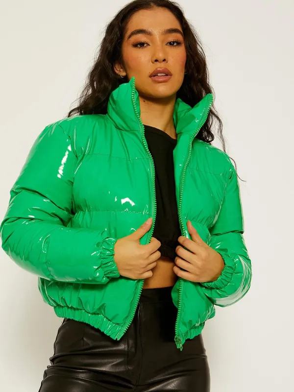 Emilia PVC Leather Cropped Puffer Jacket In Green sold by Vivichi