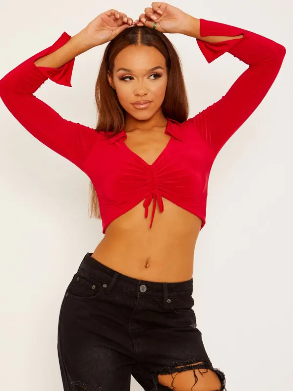 Allina Ruched Front Collared Slinky Crop Top In Red sold by Vivichi