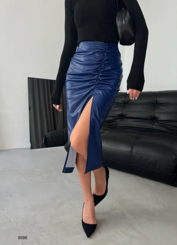 **PRE-ORDER** Clara Leather Midi Skirt In Blue sold by Vivichi