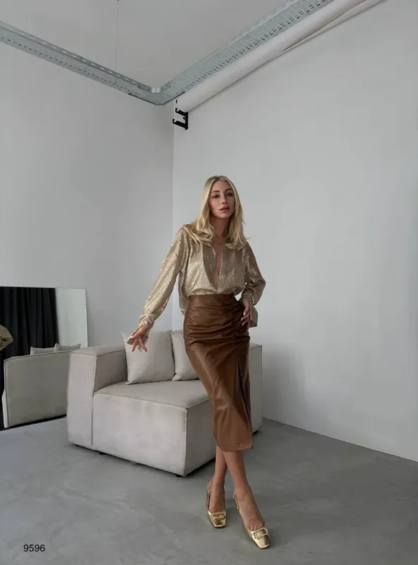 **PRE-ORDER** Clara Leather Midi Skirt In Camel sold by Vivichi