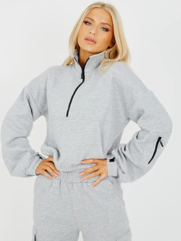Vikki Funnel Neck Zipped Fleece Sweatshirt In Grey sold by Vivichi