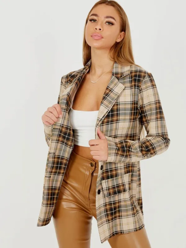 Paigee Longline Checked Blazer In Stone sold by Vivichi