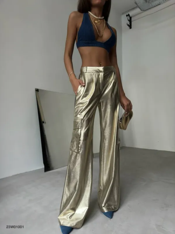 *PRE-ORDER* Aurora Cargo Pocket Metallic Trousers In Gold sold by Vivichi