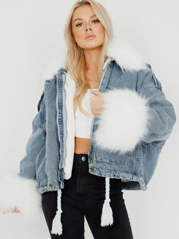 Lila Oversized Faux Fur Lined Denim Jacket In Blue sold by Vivichi