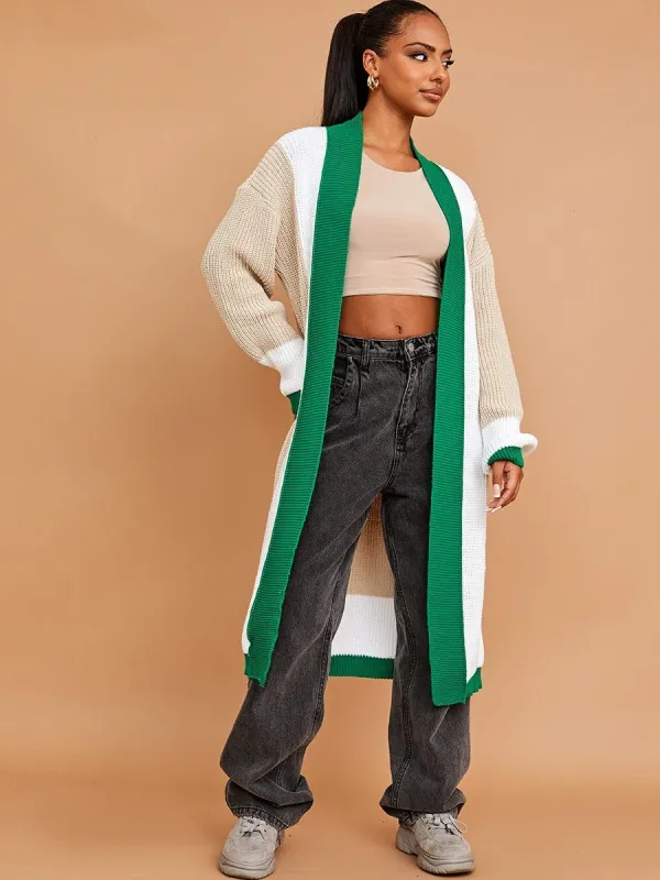 Merel Colour Block Longline Knitted Open Cardigan In Jade Green sold by Vivichi