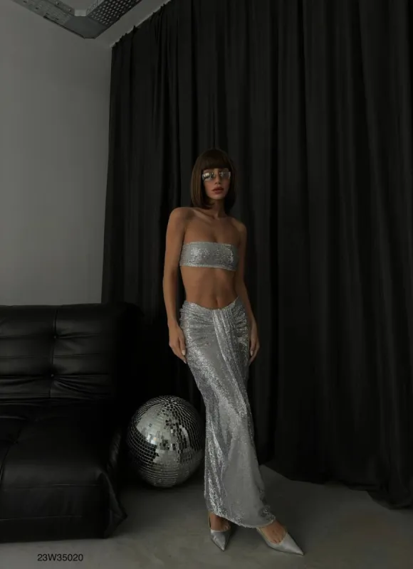 **PRE-ORDER** Harper Sequined Strapless Crop Skirt Set In Silver sold by Vivichi