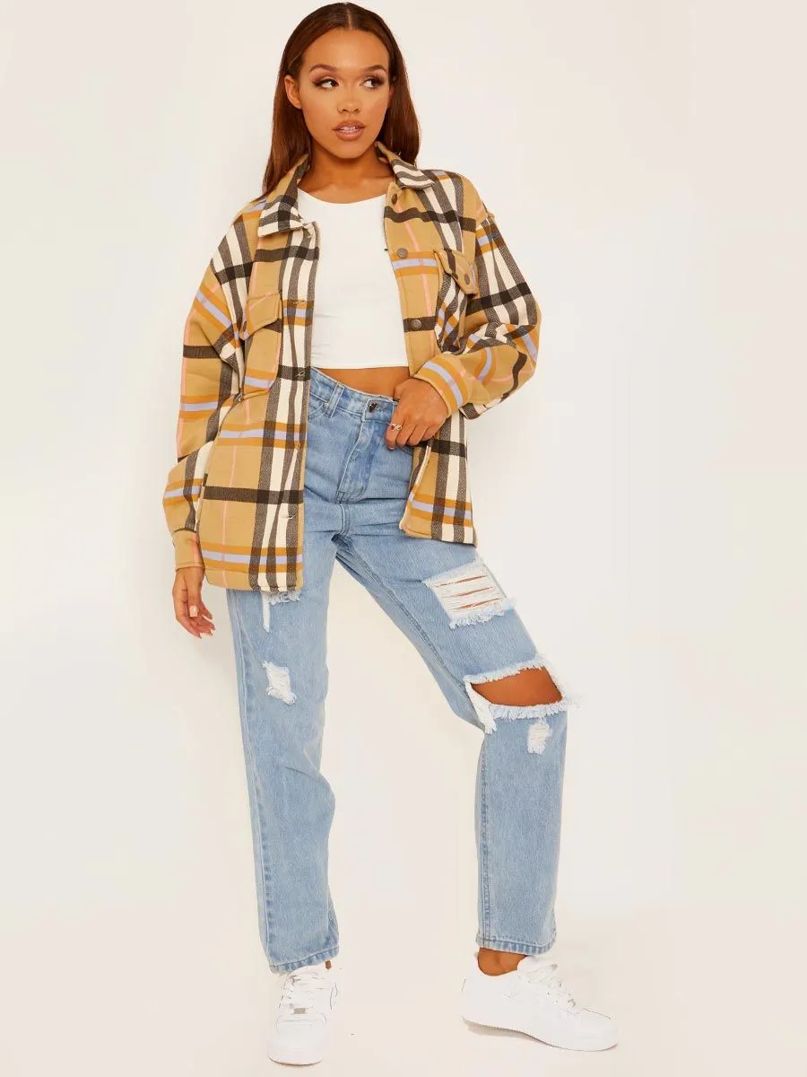 Colette Classic Thick Colour Block Checked Shirt Jacket Shacket In Camel sold by Vivichi