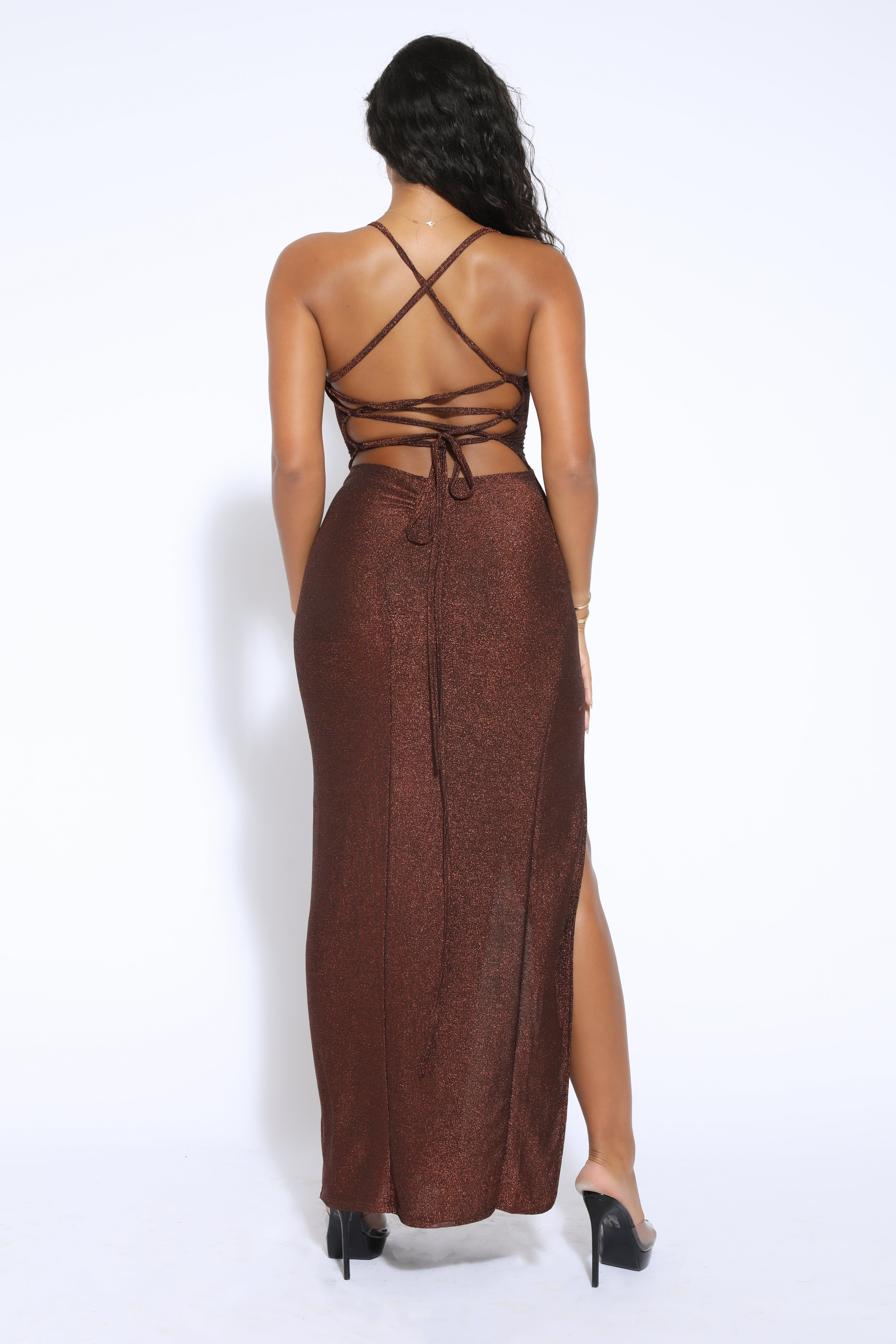 Brown Glittery Slit Backless Maxi sold by Honeyz product image thumbnail 5