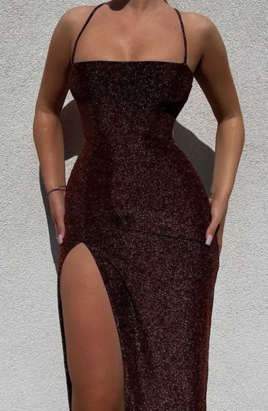Brown Glittery Slit Backless Maxi sold by Honeyz