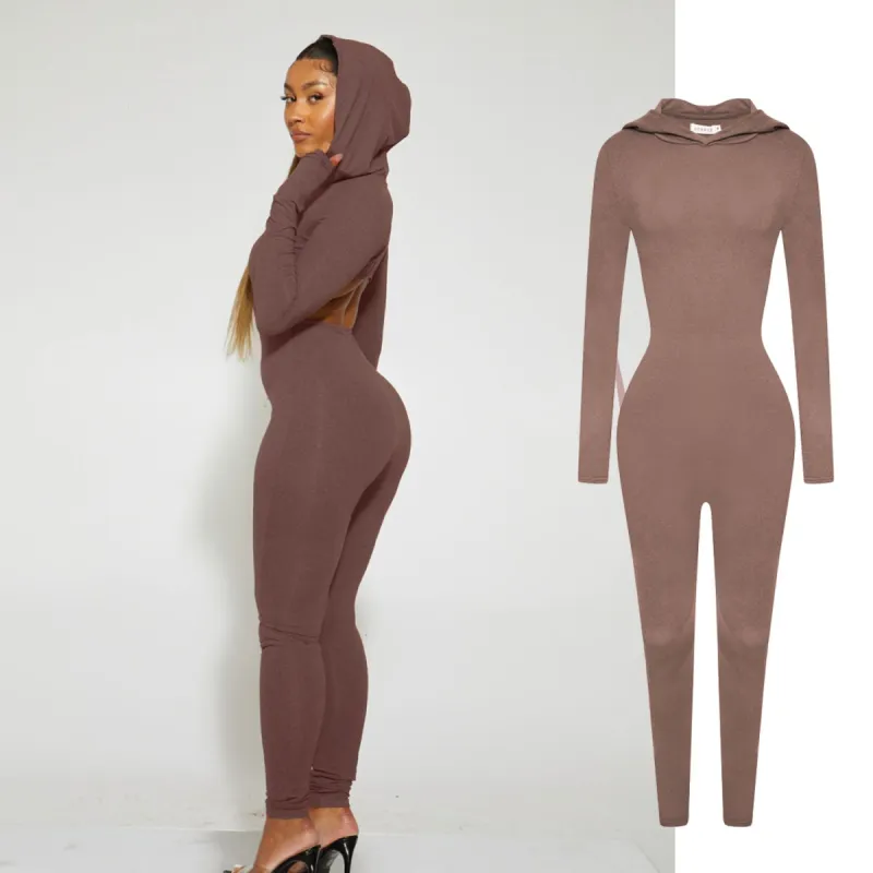 Brown Cut Out Hoodie Jumpsuit sold by Honeyz