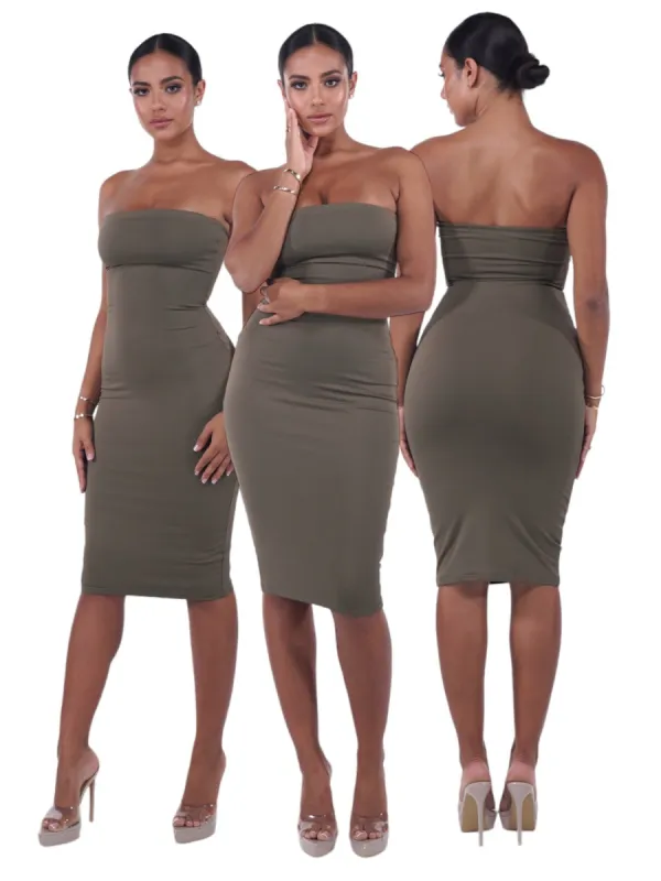 Khaki Boobtube Midi sold by Honeyz