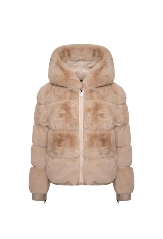 Beige Faux Fur & Leather Zip Hood Jacket sold by Honeyz