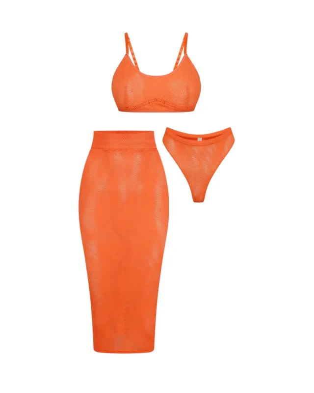 Orange 3 Piece Fishnet Set sold by Honeyz