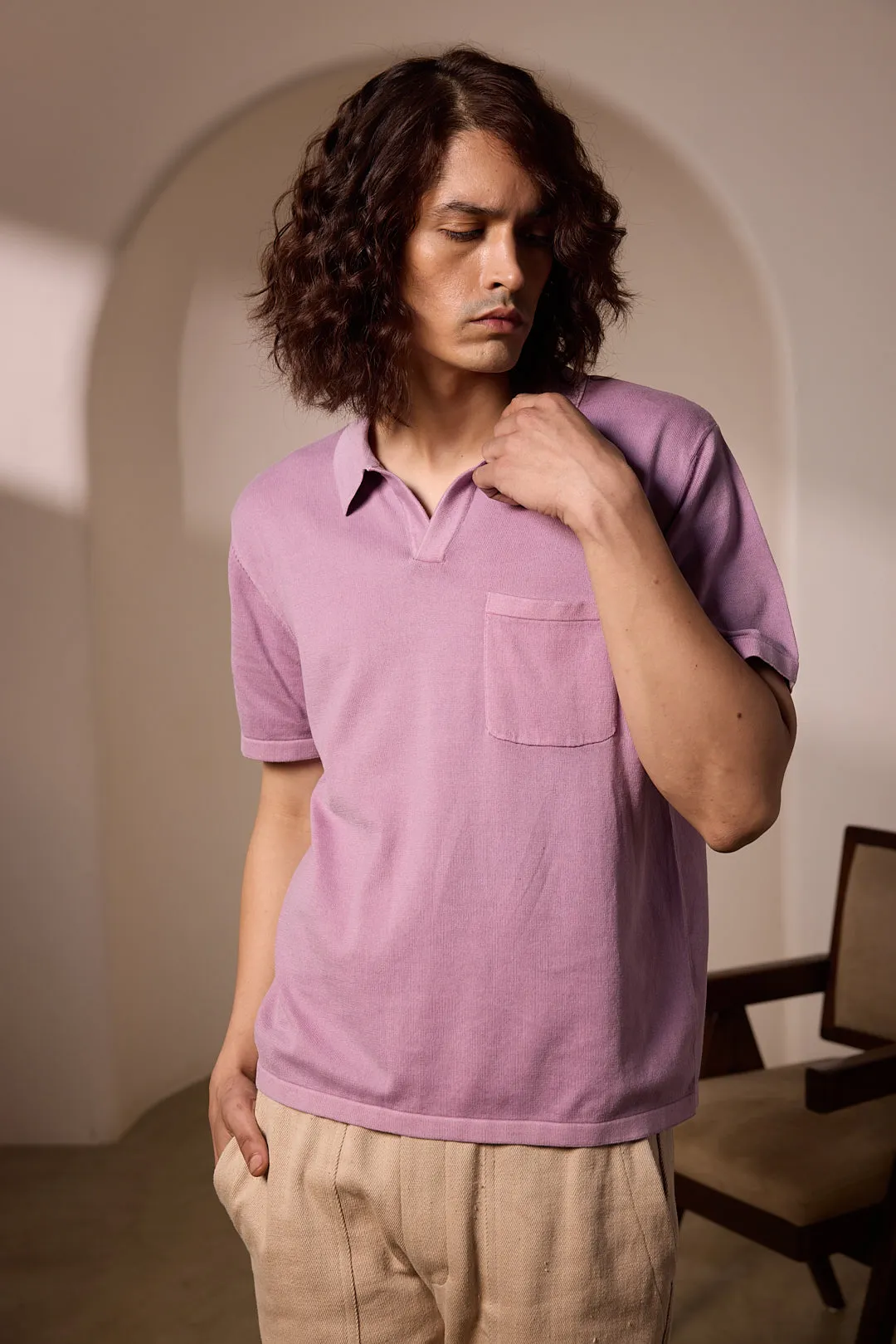 RAMAN JOHNNY COLLAR KNIT TEE - ORGANIC COTTON LILAC sold by The Umber & Ochre