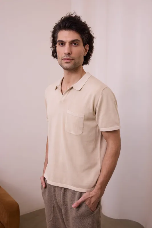 RAMAN JOHNNY COLLAR KNIT TEE - BEIGE made by The Umber & Ochre