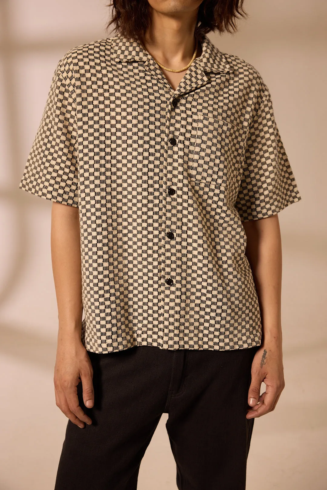 KHUSHI CAMP SHIRT - CROCHET BLACK & WHITE sold by The Umber & Ochre