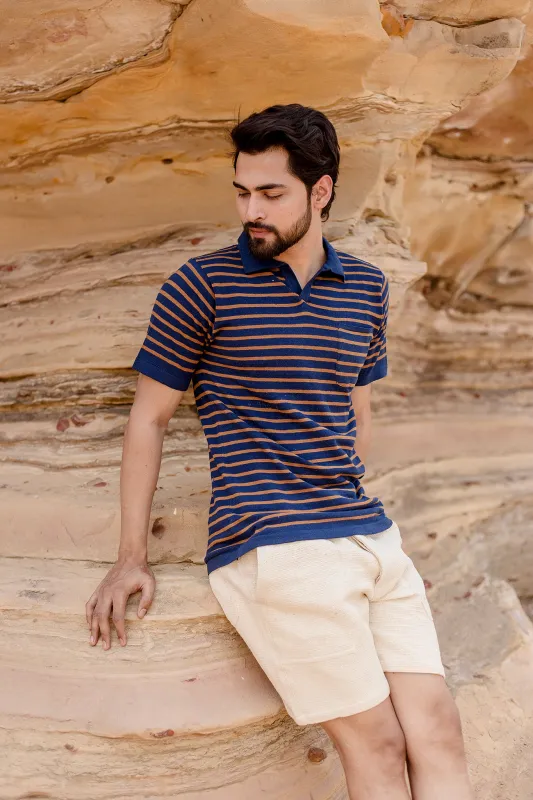 Manbir Johnny Collar Knit Tee in Indigo Stripe made by The Umber & Ochre