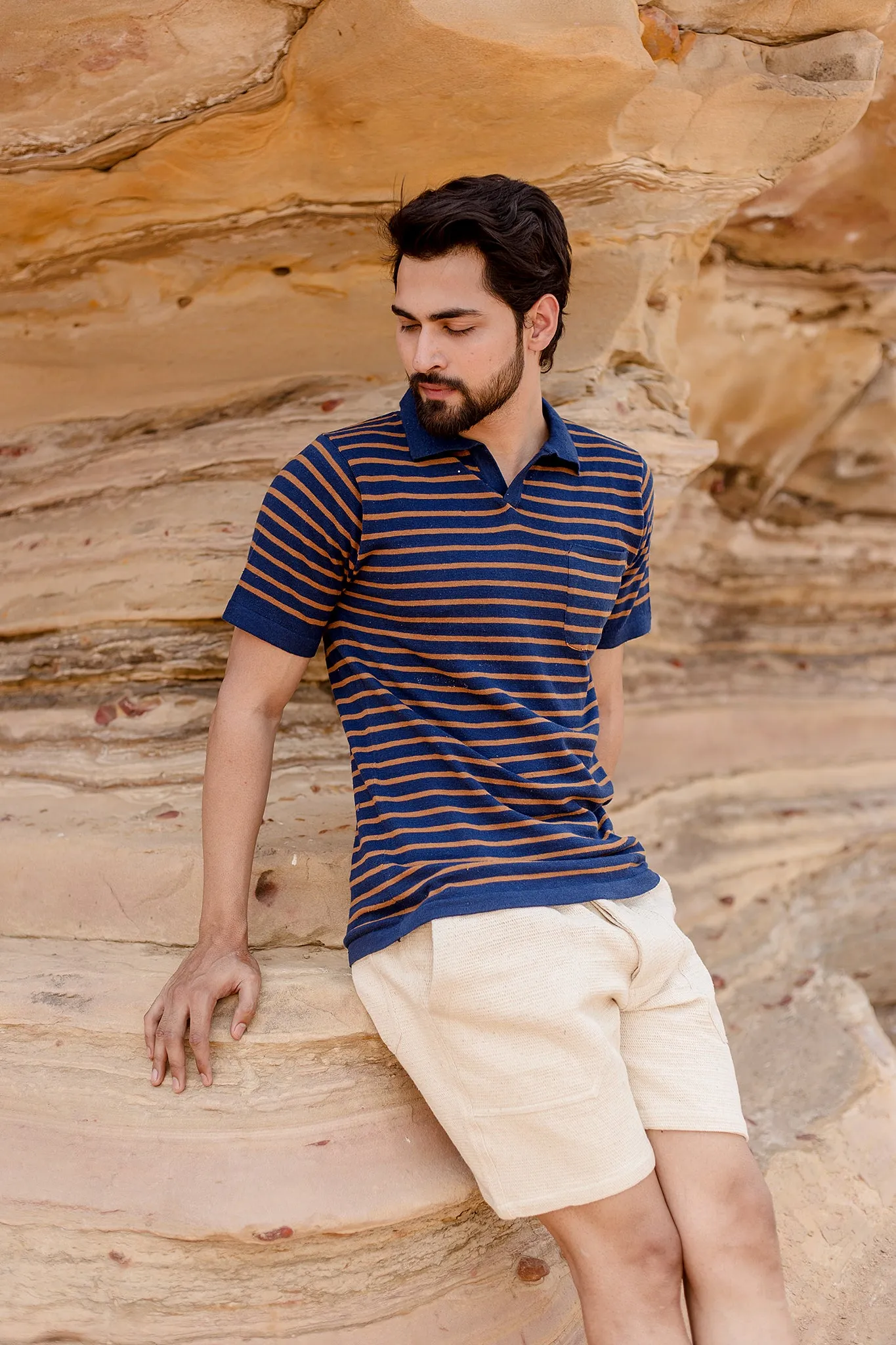 Manbir Johnny Collar Knit Tee in Indigo Stripe sold by The Umber & Ochre