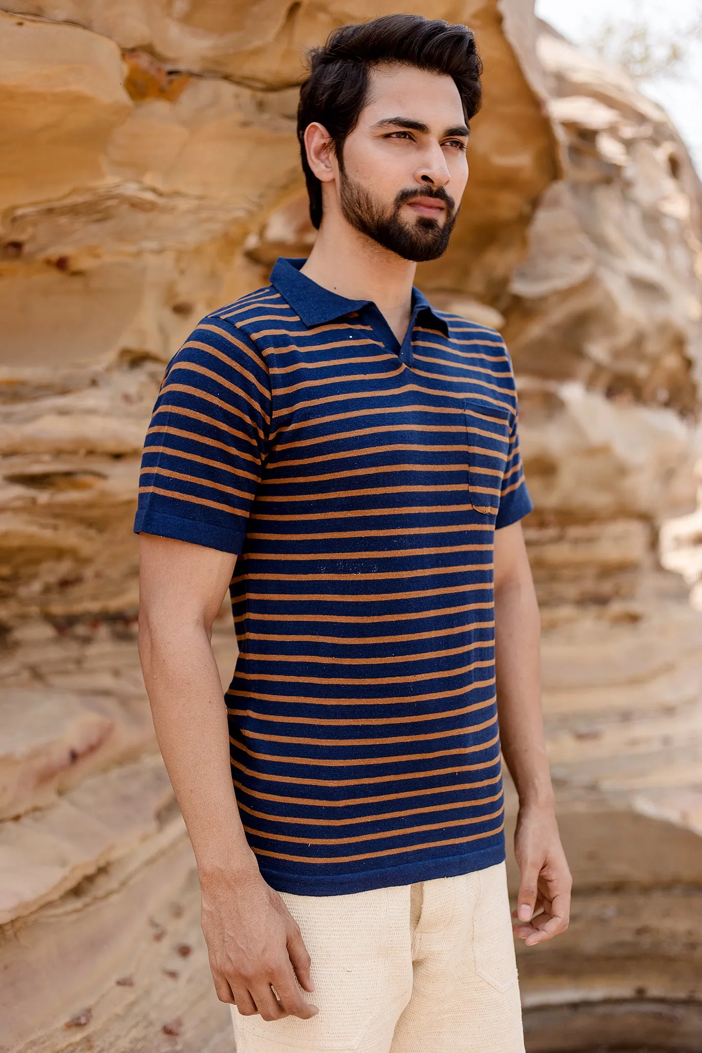 Manbir Johnny Collar Knit Tee in Indigo Stripe sold by The Umber & Ochre product image thumbnail 2