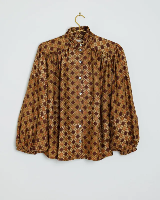 Sabrina Top Silk in Tile Brown Print made by The Umber & Ochre