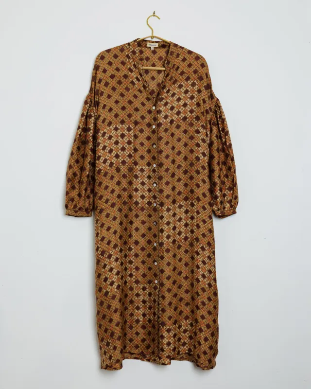 Mili Dress - Geometric Print on Silk in Brown made by The Umber & Ochre