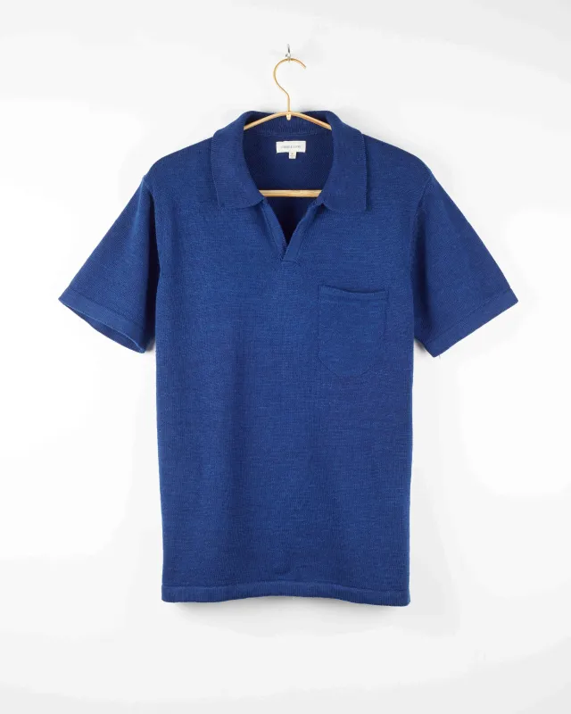 MANBIR JOHNNY COLLAR SS KNIT TEE IN INDIGO made by The Umber & Ochre