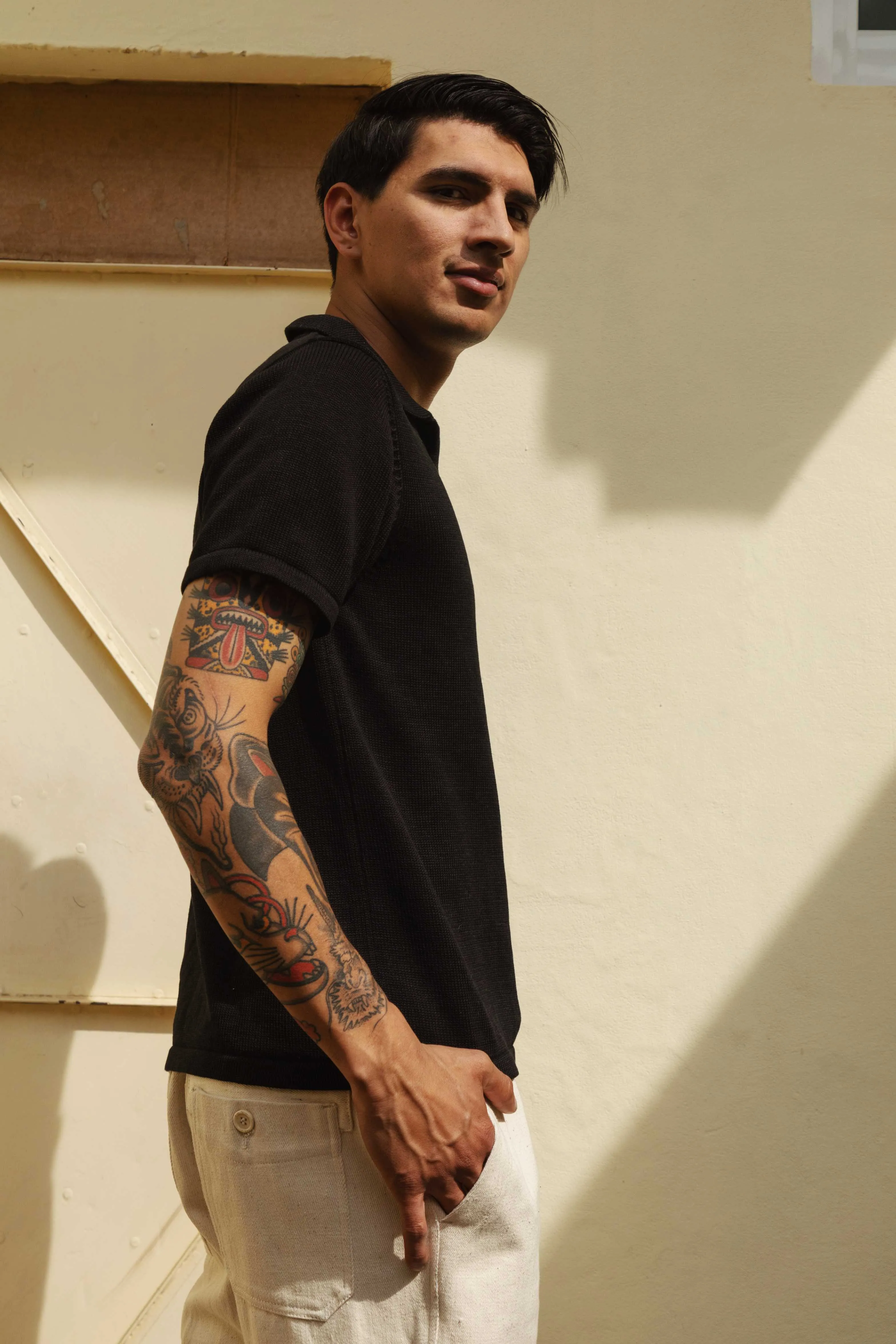 MANBIR JOHNNY COLLAR SS KNIT TEE IN BLACK sold by The Umber & Ochre product image thumbnail 2