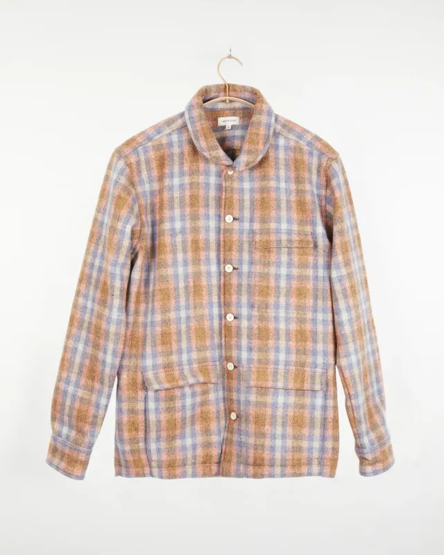 Yatree Shawl Collar Overshirt Plaid Wool Blue Coral made by The Umber & Ochre