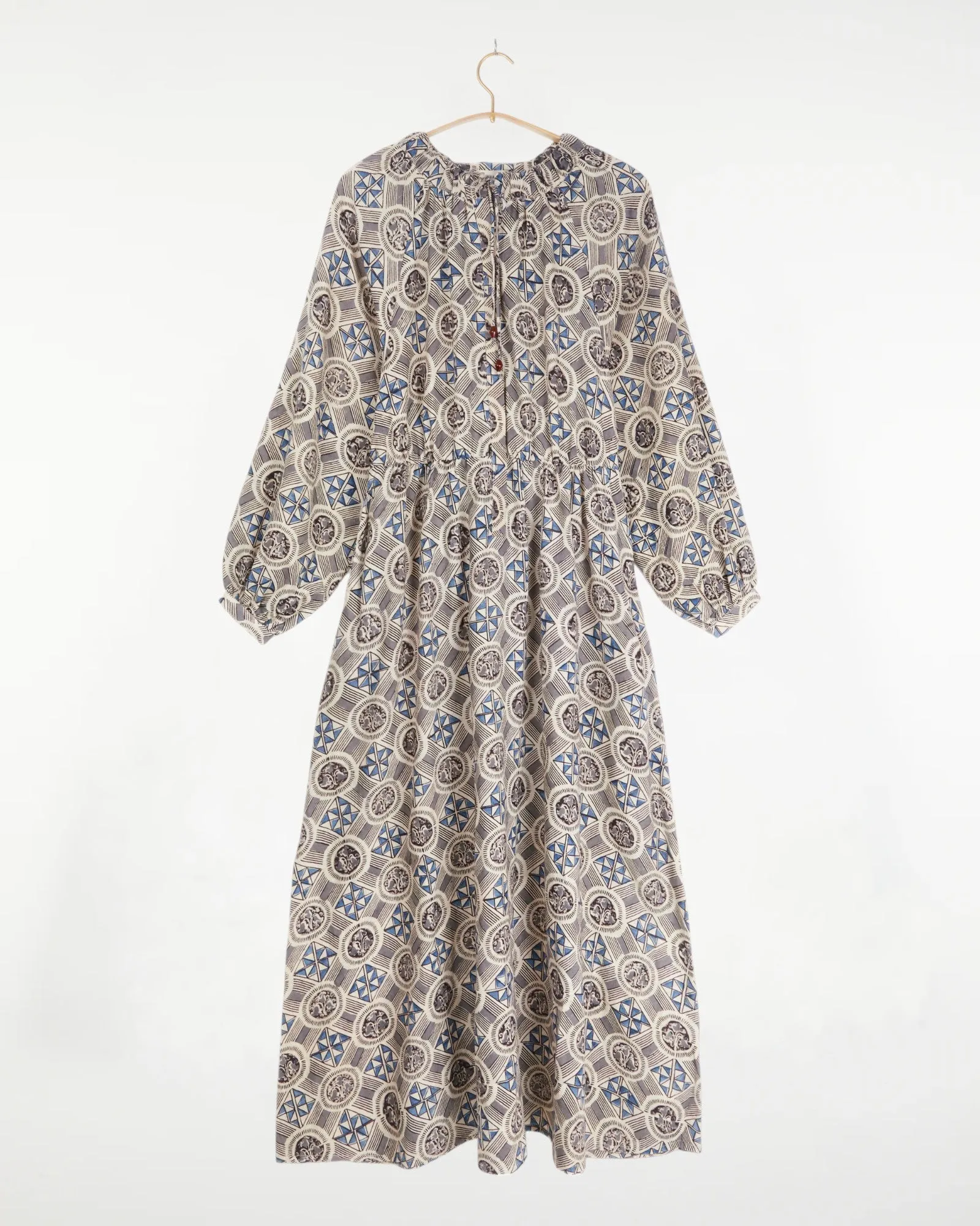 Mahira Dress Tile Print Indigo sold by The Umber & Ochre