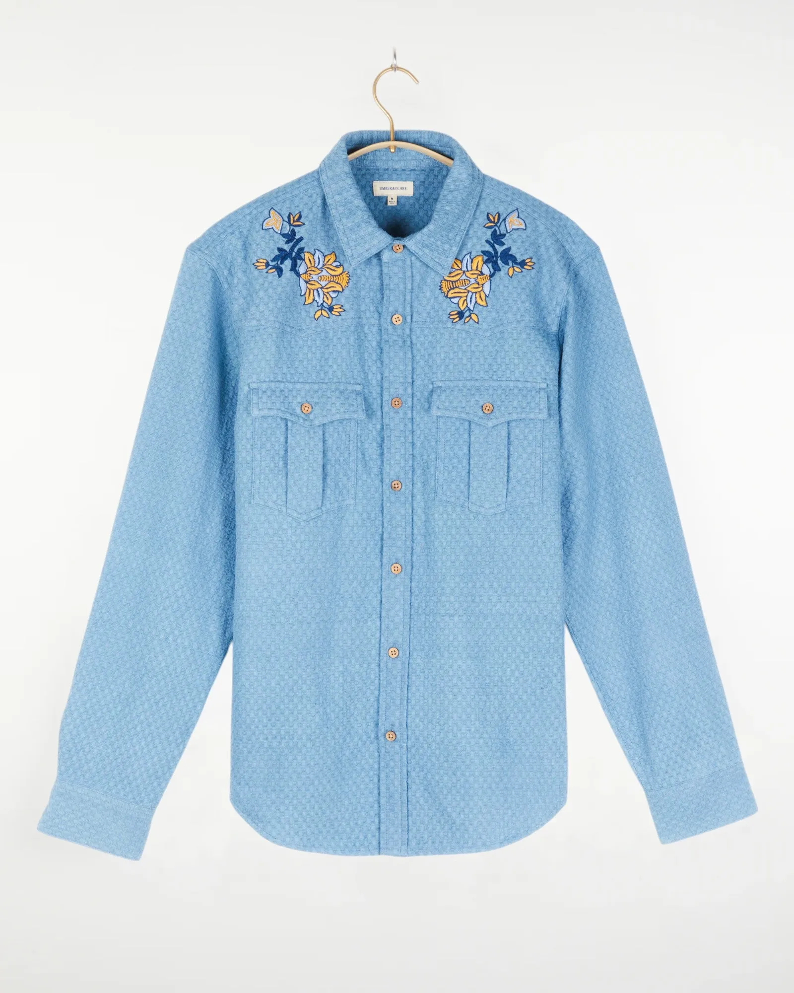 Kalpa Western Shirt Embroidered Kora Lt Indigo sold by The Umber & Ochre