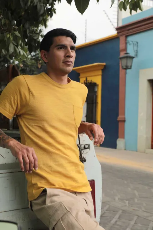 Azad S/S Pocket Flat Knitted Tee Yellow made by The Umber & Ochre
