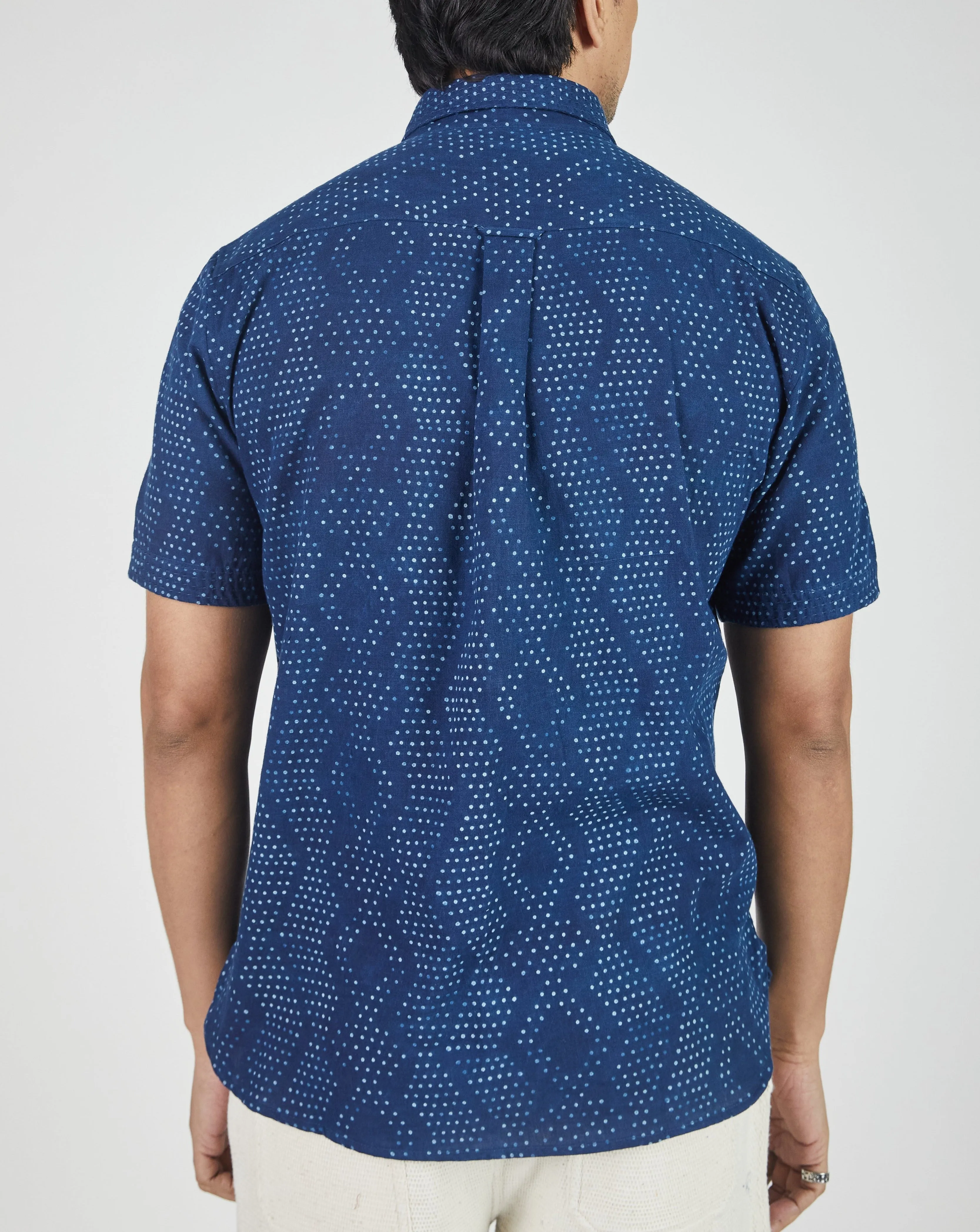S/S Kabir Standard Shirt w/Saddle Stitch in Dot Block Print Indigo sold by The Umber & Ochre product image thumbnail 3