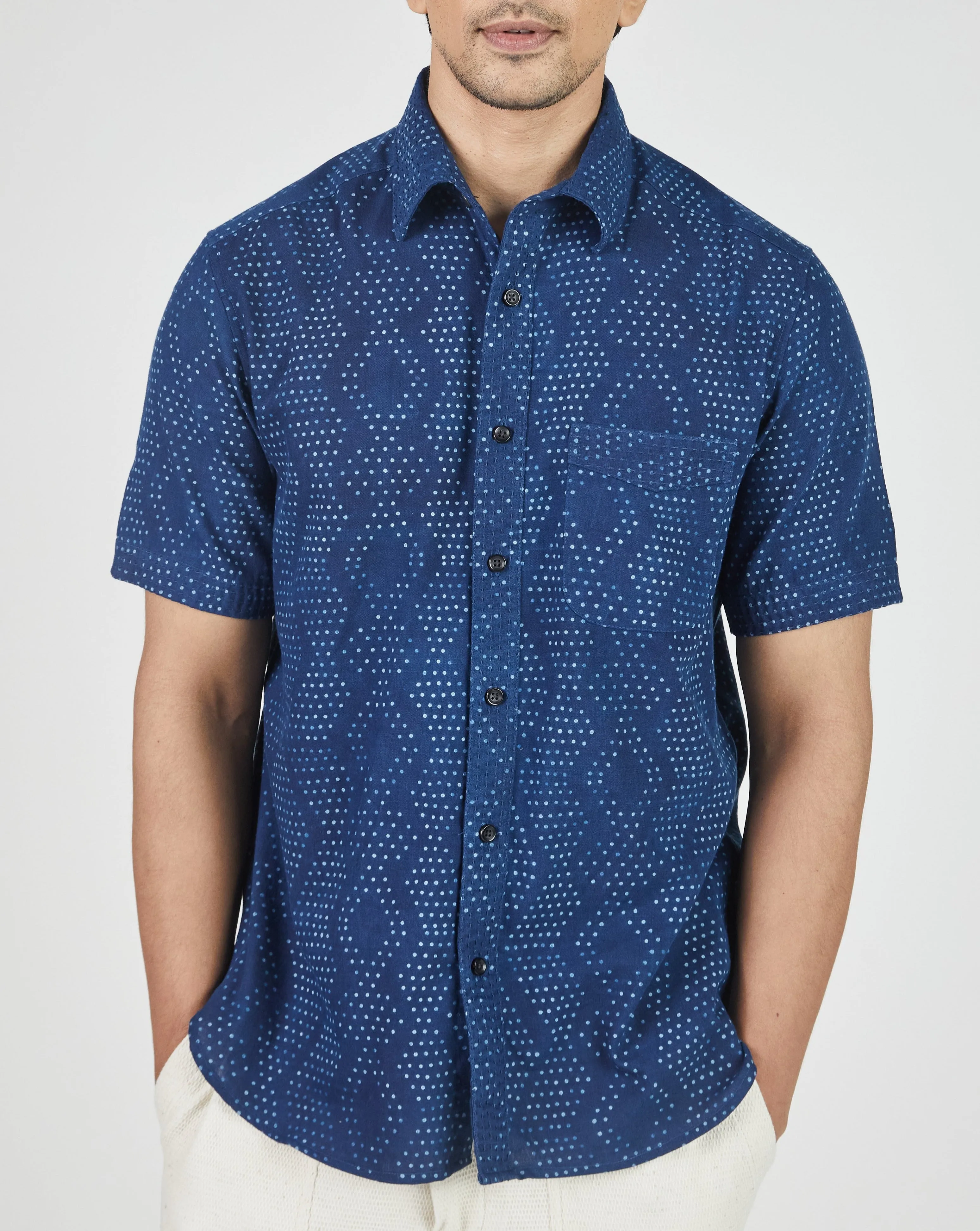 S/S Kabir Standard Shirt w/Saddle Stitch in Dot Block Print Indigo sold by The Umber & Ochre