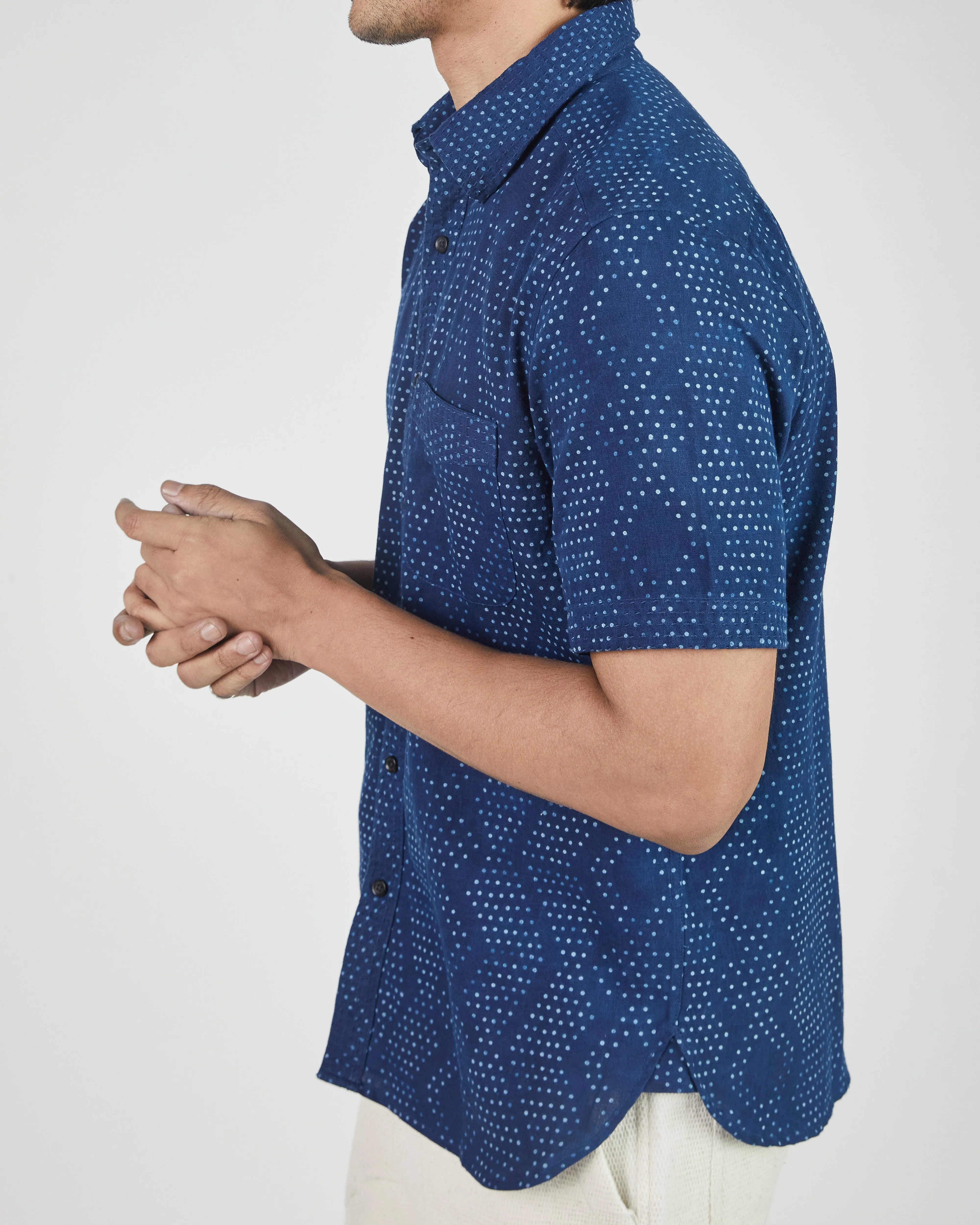 S/S Kabir Standard Shirt w/Saddle Stitch in Dot Block Print Indigo sold by The Umber & Ochre product image thumbnail 2