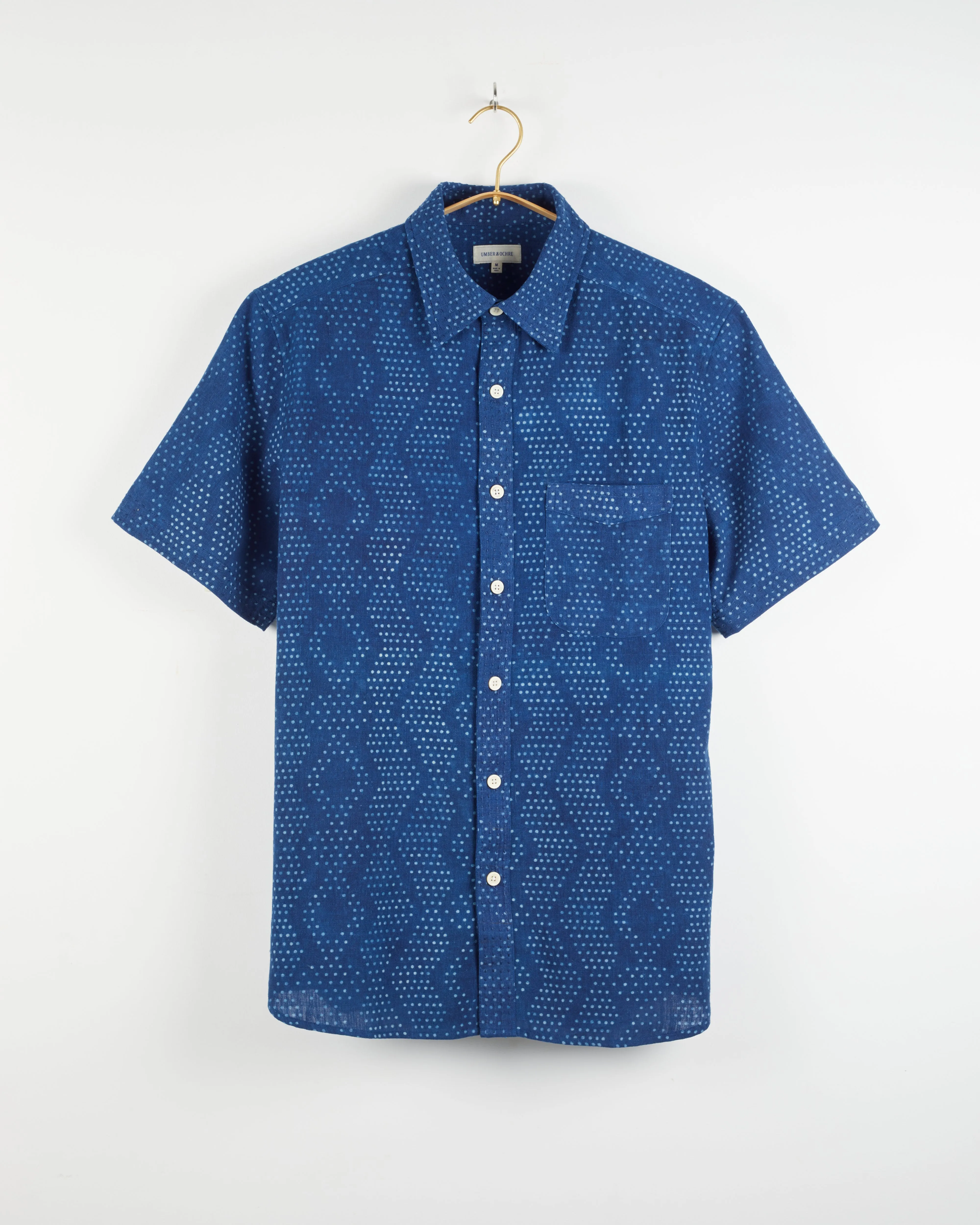 S/S Kabir Standard Shirt w/Saddle Stitch in Dot Block Print Indigo sold by The Umber & Ochre product image thumbnail 4