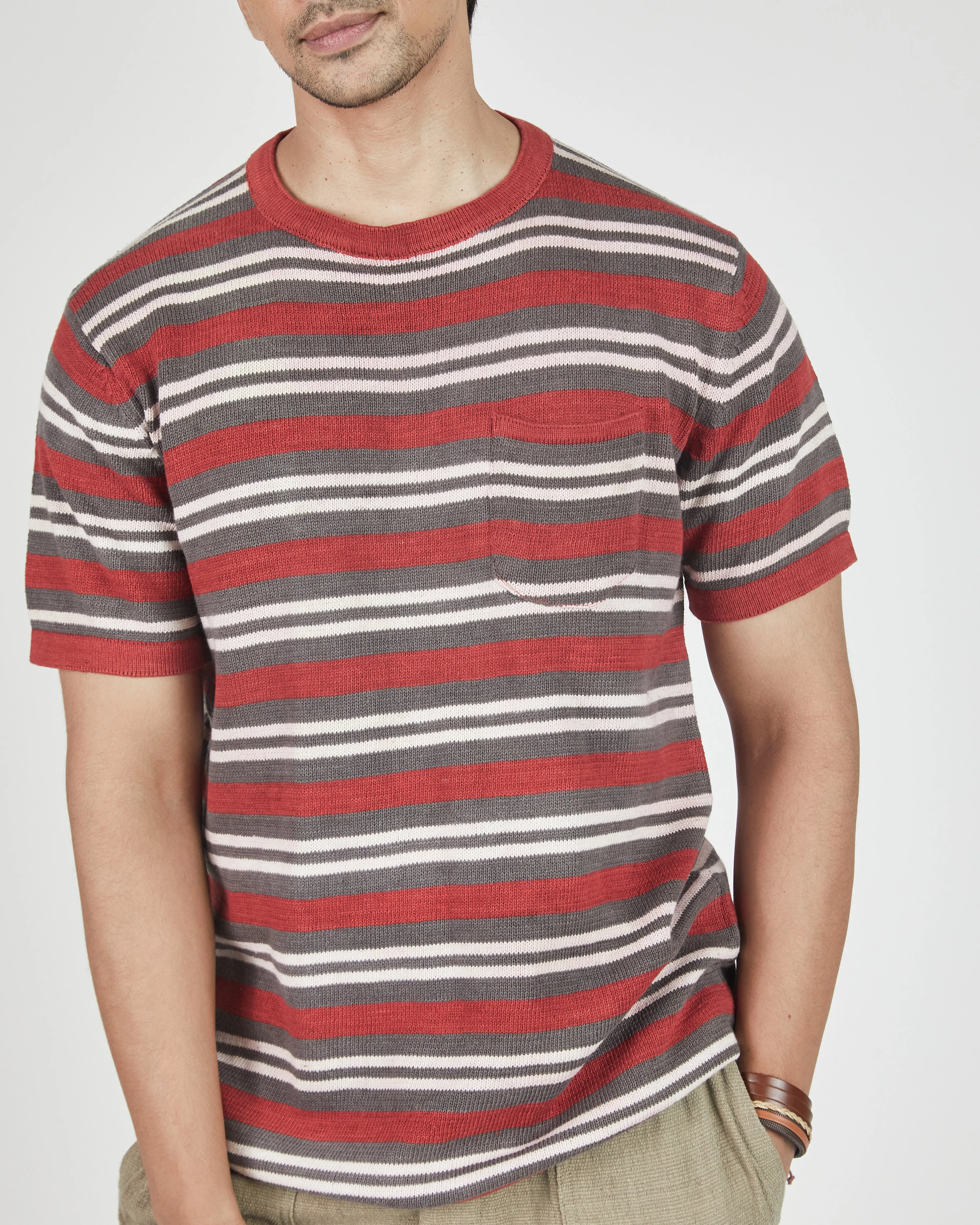 Azad S/S Pocket Flat Knitted Tee in Pomegranate Stripe sold by The Umber & Ochre