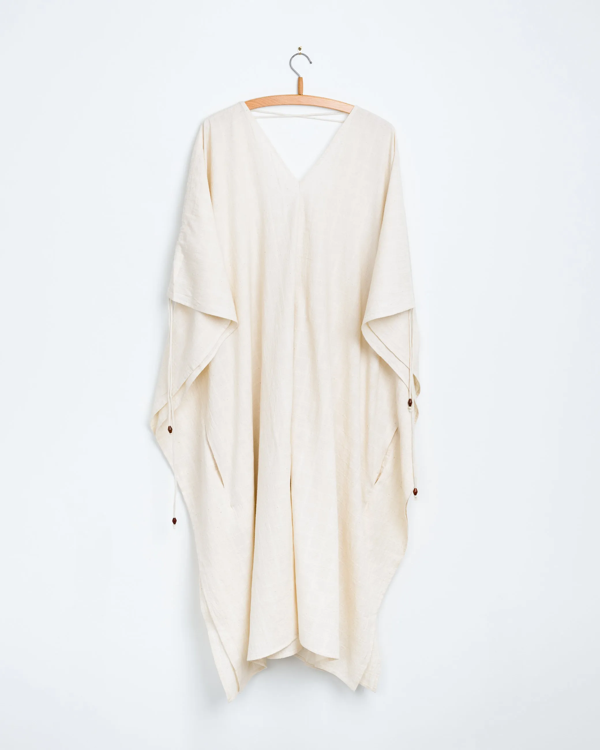 Cleo Caftan in Mockleno Check Natural sold by The Umber & Ochre