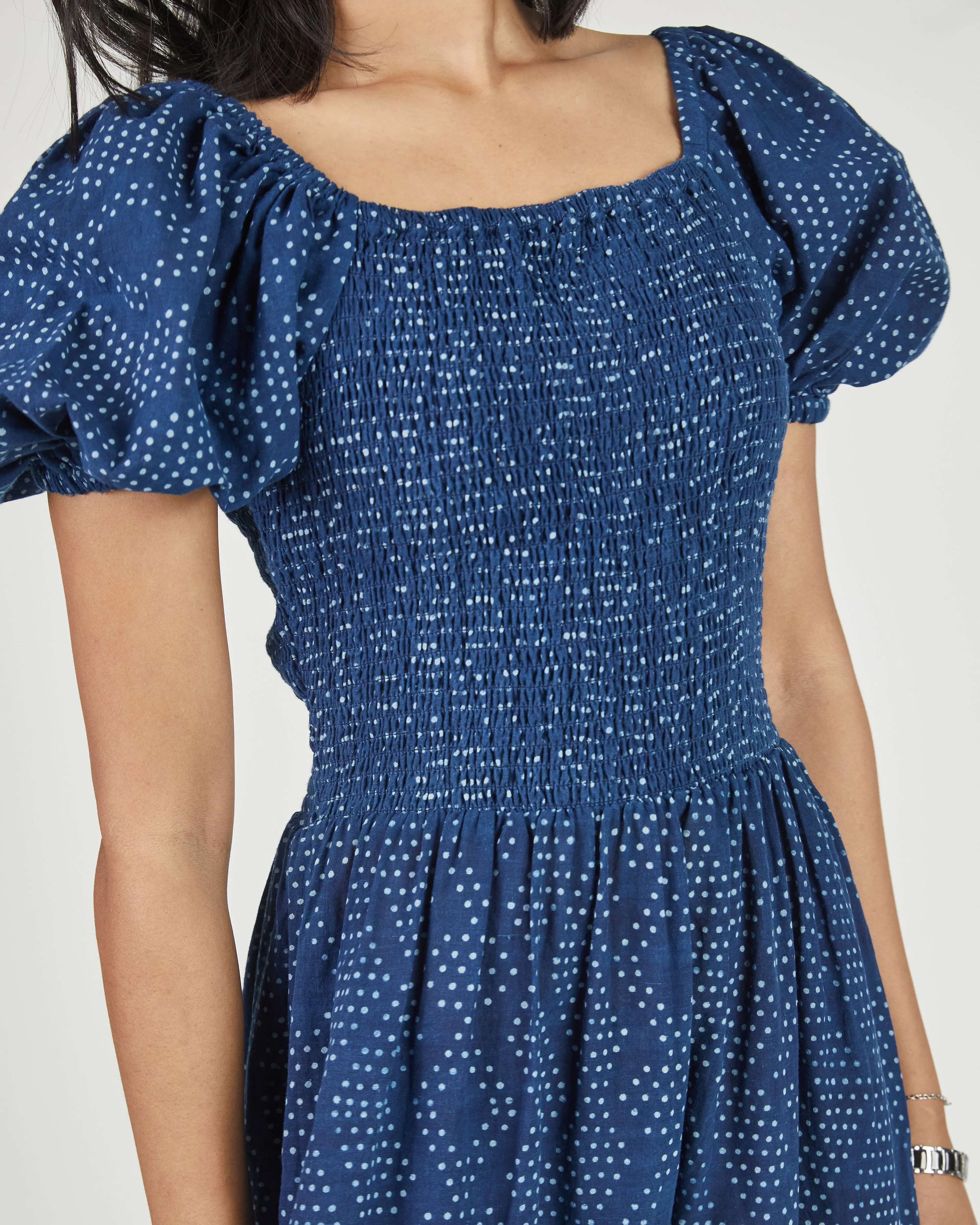 Anika Dress in Dot Block Print Indigo sold by The Umber & Ochre product image thumbnail 4