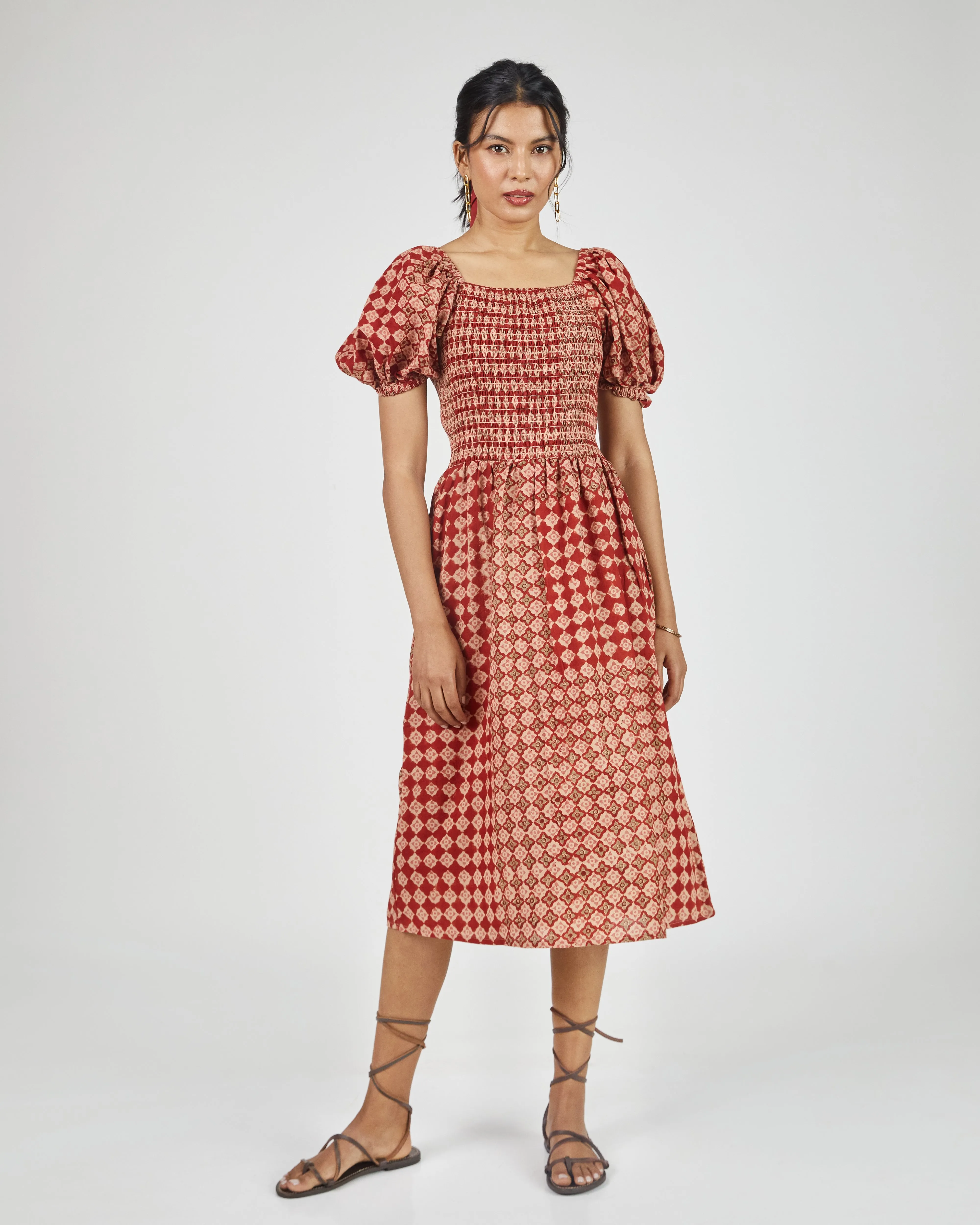 Anika Dress in Engineered Tile Print Madder sold by The Umber & Ochre product image thumbnail 3