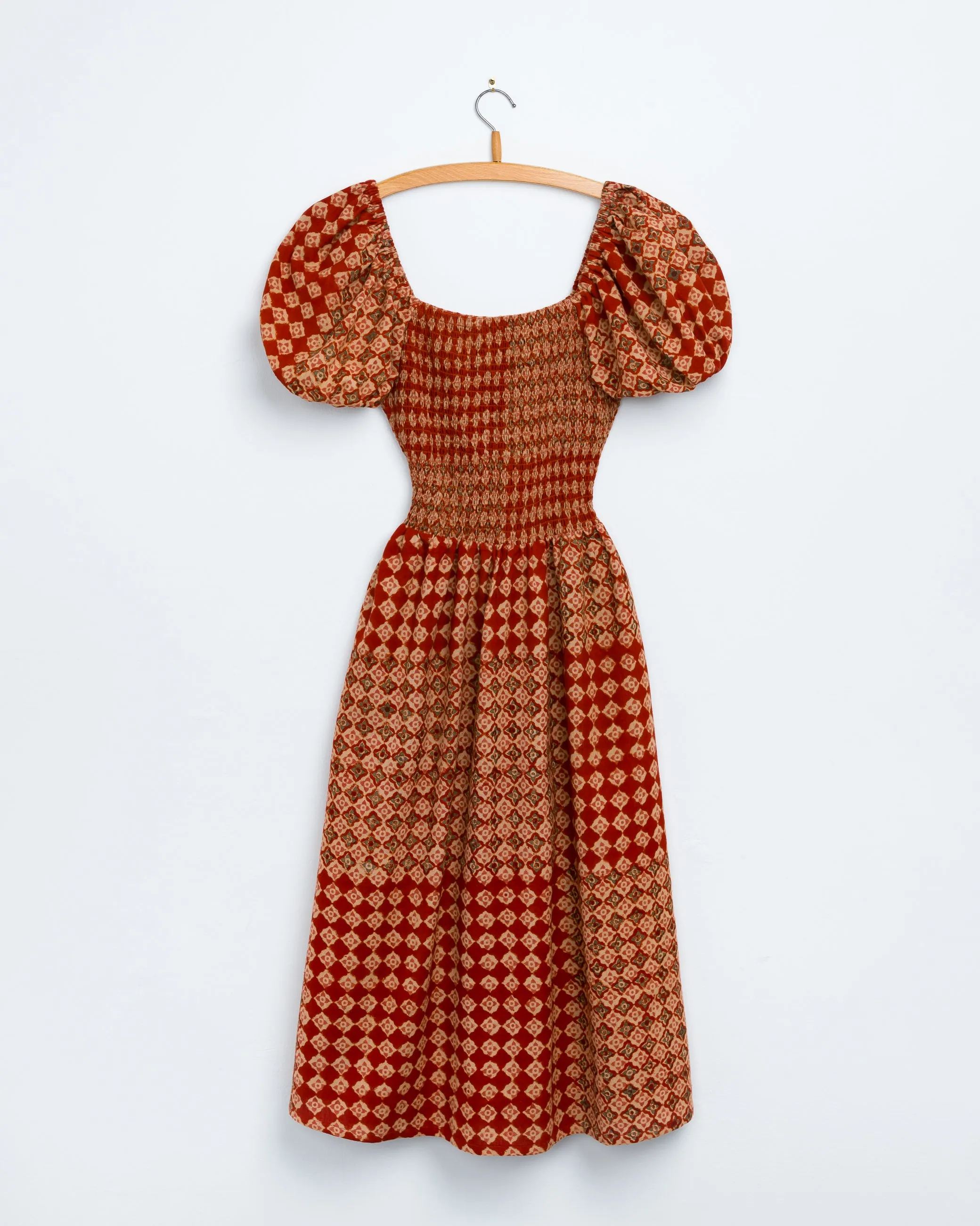 Anika Dress in Engineered Tile Print Madder sold by The Umber & Ochre