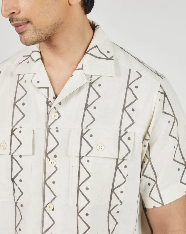 Harshil 2 Pocket Shirt in Chevron Dot Block Print Natural made by The Umber & Ochre