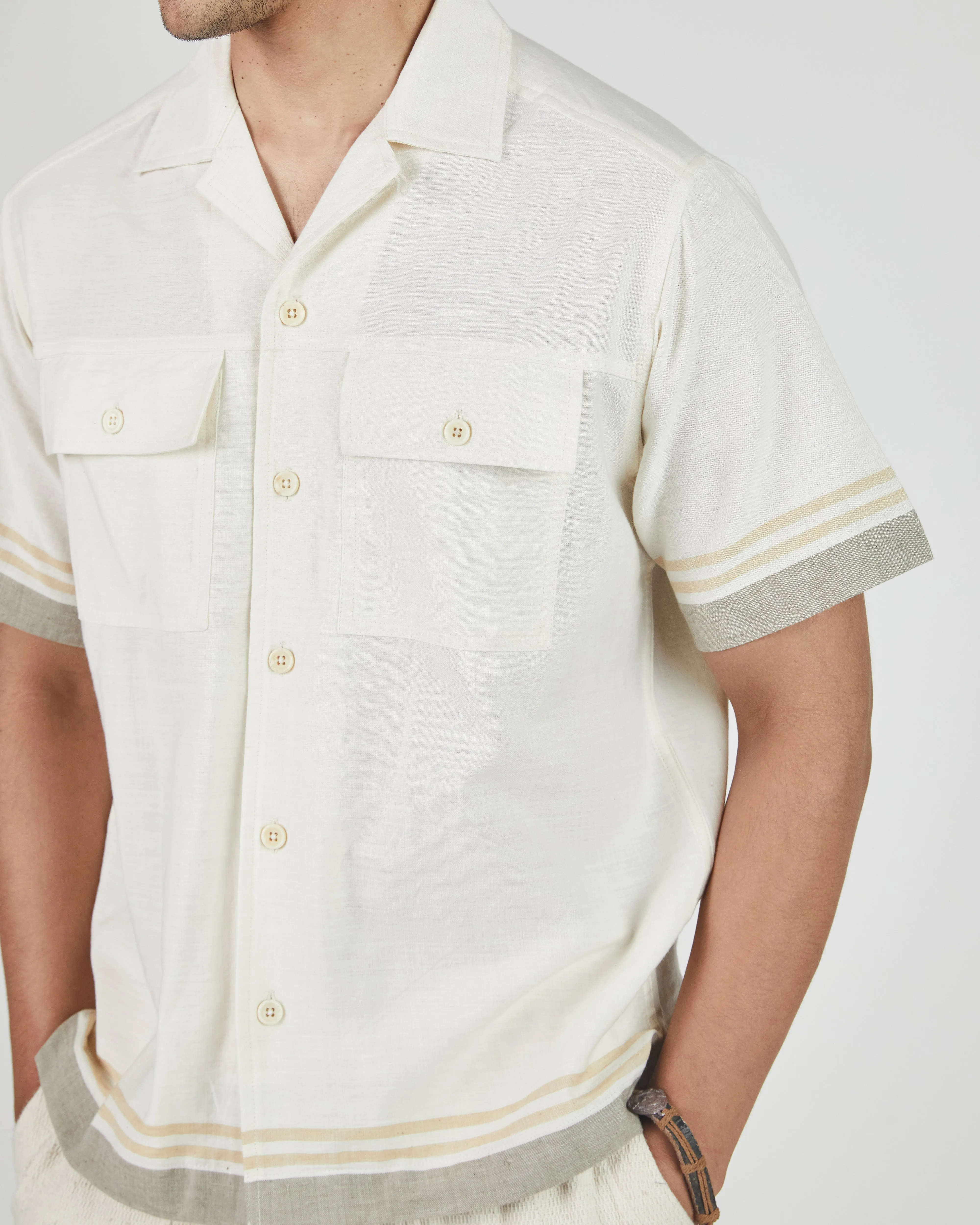 Harshil 2 Pocket Shirt in Tipping Stripe Border Natural sold by The Umber & Ochre