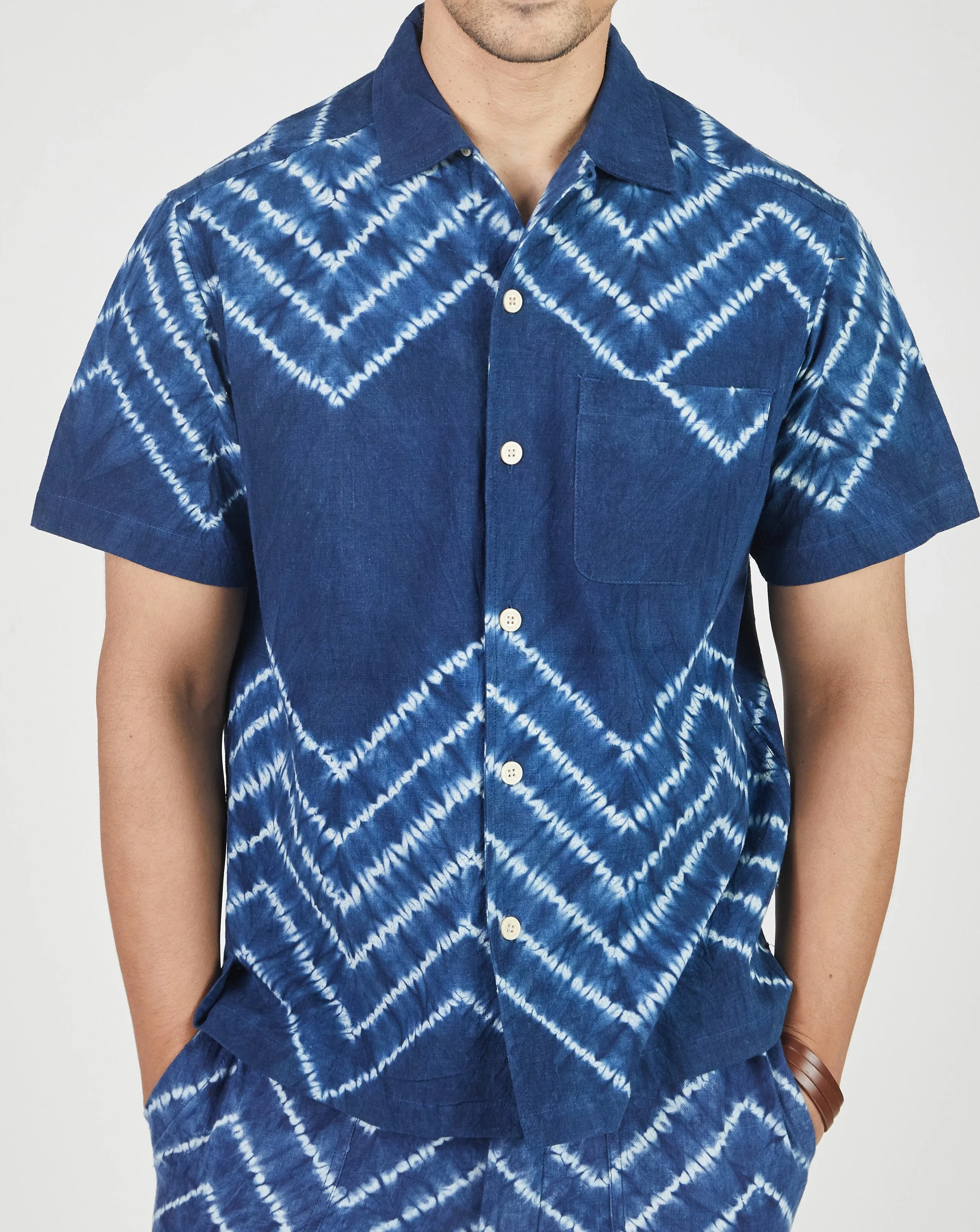 Khushi Camp Shirt in Chevron Shibori Indigo sold by The Umber & Ochre product image thumbnail 2