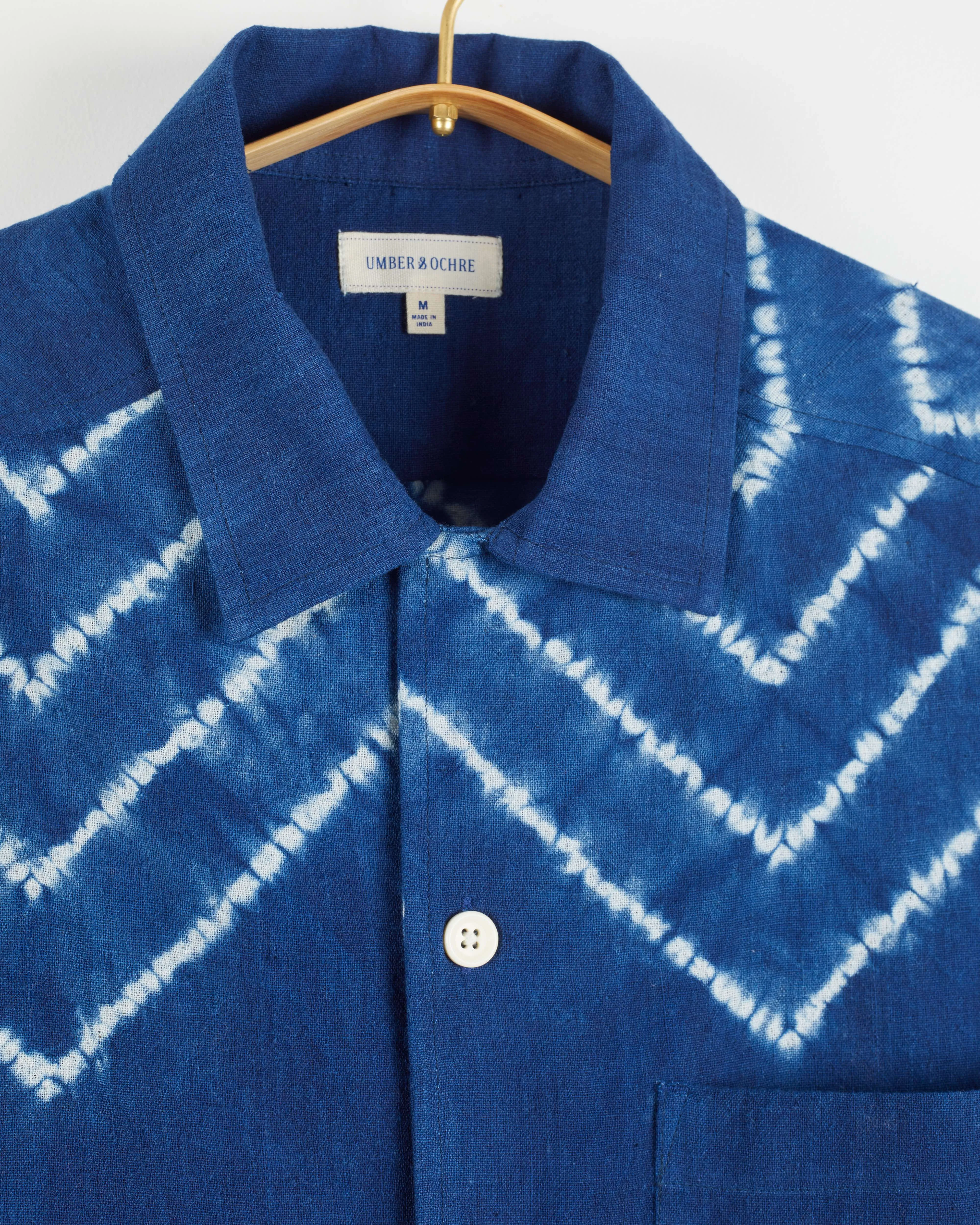 Khushi Camp Shirt in Chevron Shibori Indigo sold by The Umber & Ochre product image thumbnail 5
