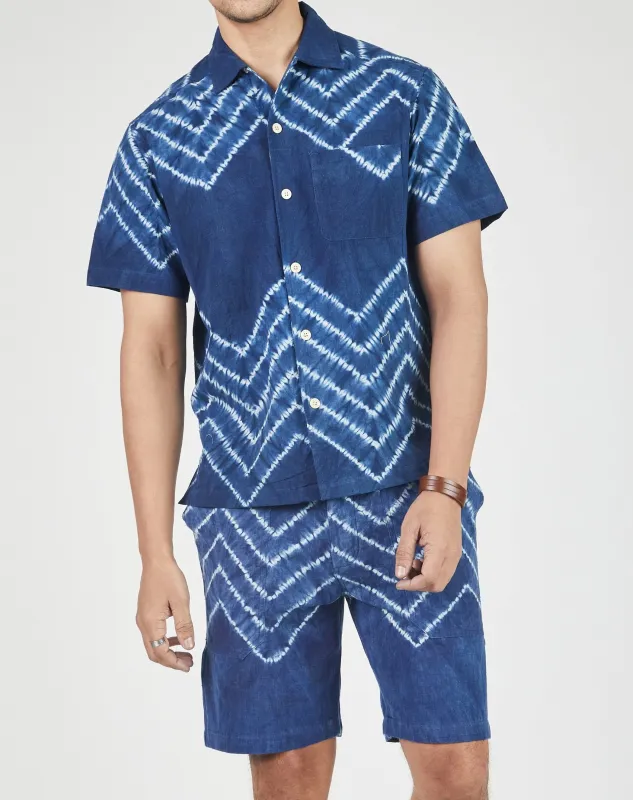 Khushi Camp Shirt in Chevron Shibori Indigo made by The Umber & Ochre