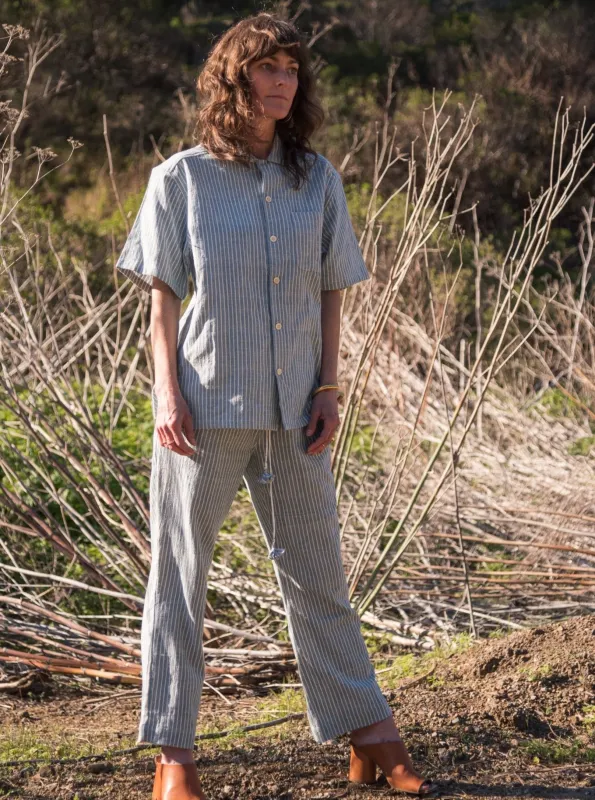 Drawstring Pant in Lt Indigo Stripe made by The Umber & Ochre
