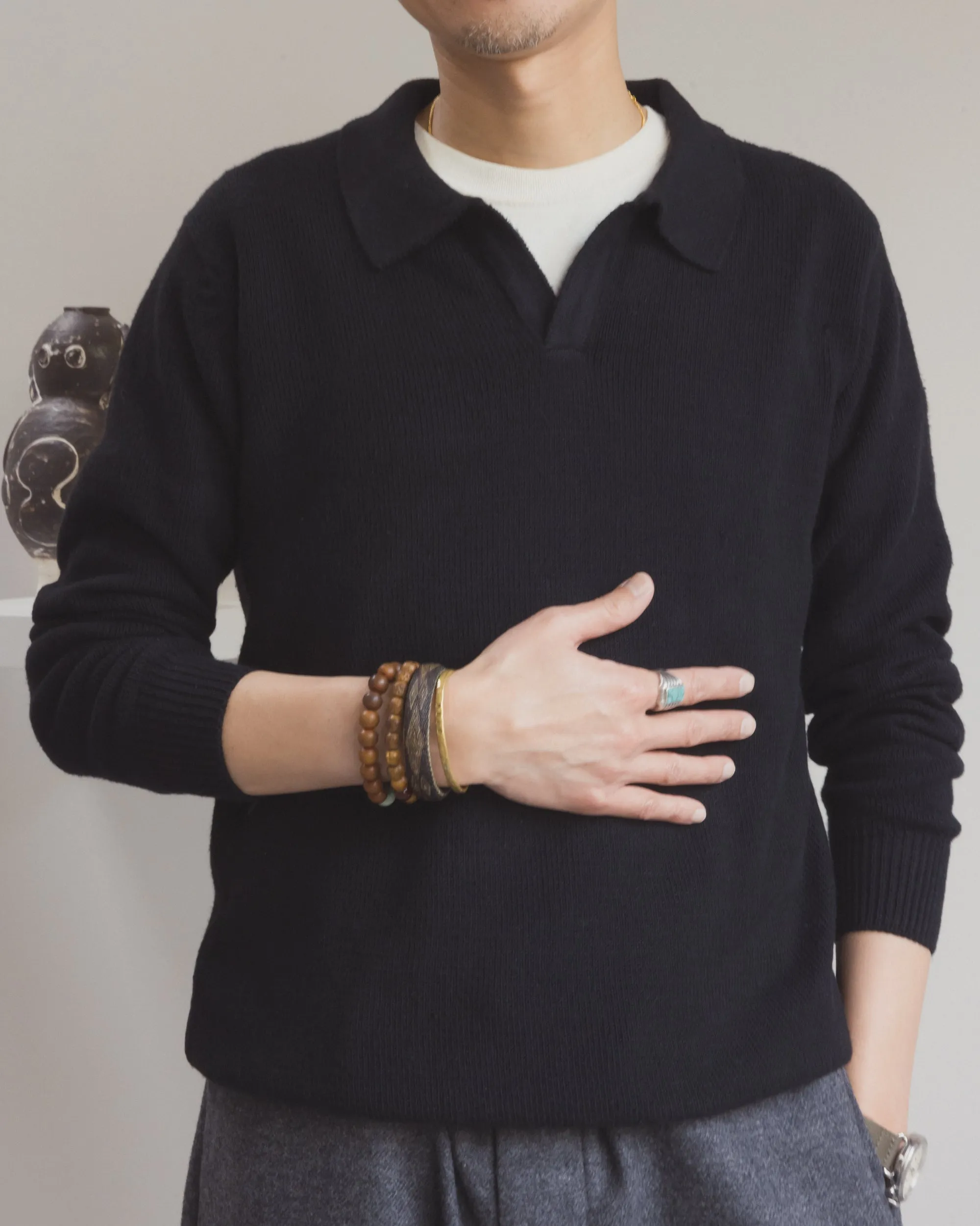 Madhur Johnny Collar Knit Tee in Black sold by The Umber & Ochre product image thumbnail 2