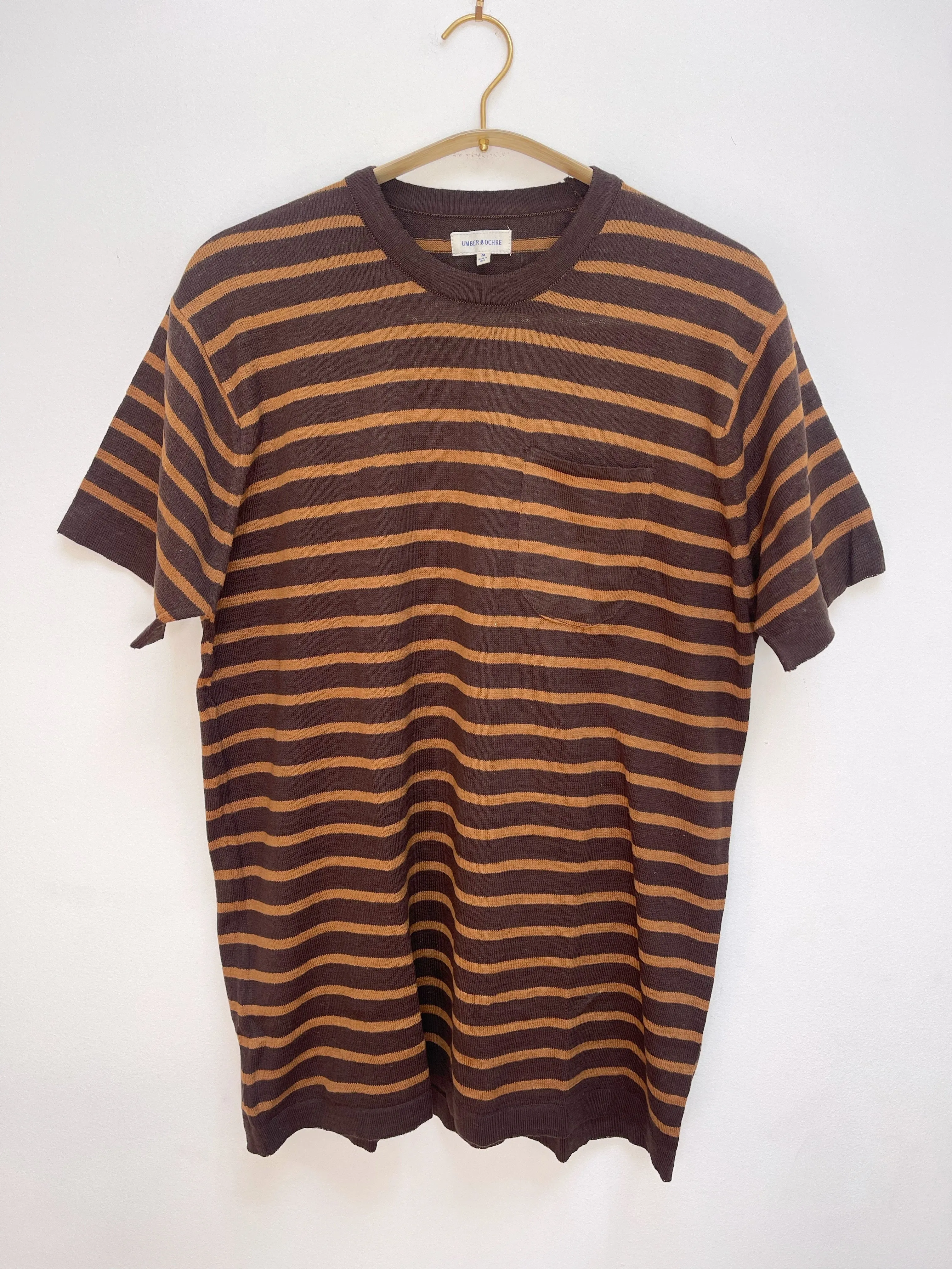 Azad S/S Pocket Flat Knitted Tee in Camel Stripe sold by The Umber & Ochre