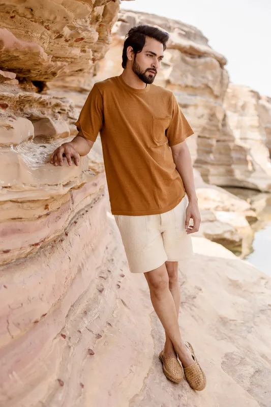 Azad S/S Pocket Flat Knitted Tee in Camel made by The Umber & Ochre