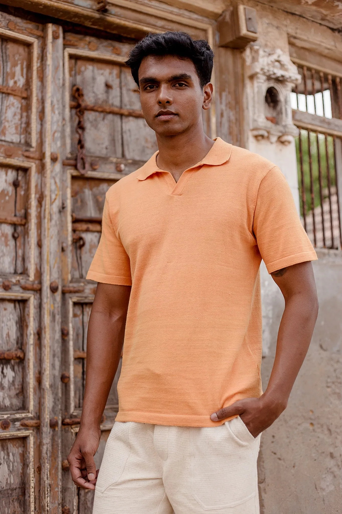 Manbir Johnny Collar Knit Tee in Persimmon sold by The Umber & Ochre product image thumbnail 2